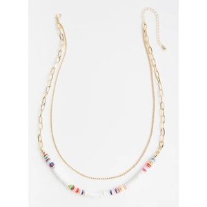 🆕 Gold Tone & White Beaded Layered Necklace NWT